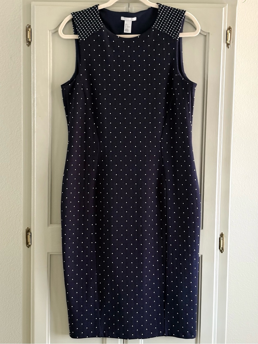 H&M Navy Blue Sleeveless Sheath Polka Dot Dress | Size Large | Poly Knit